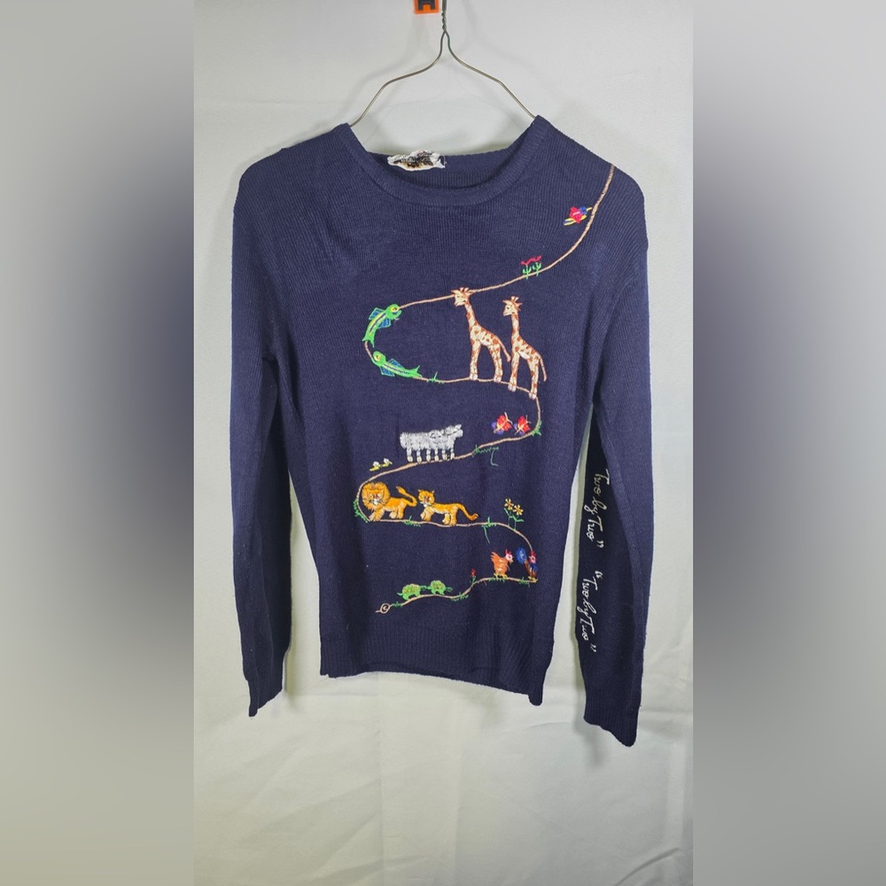 Cyn Les Ark Two By Two Animals Vintage 1970s Sweater Size Medium